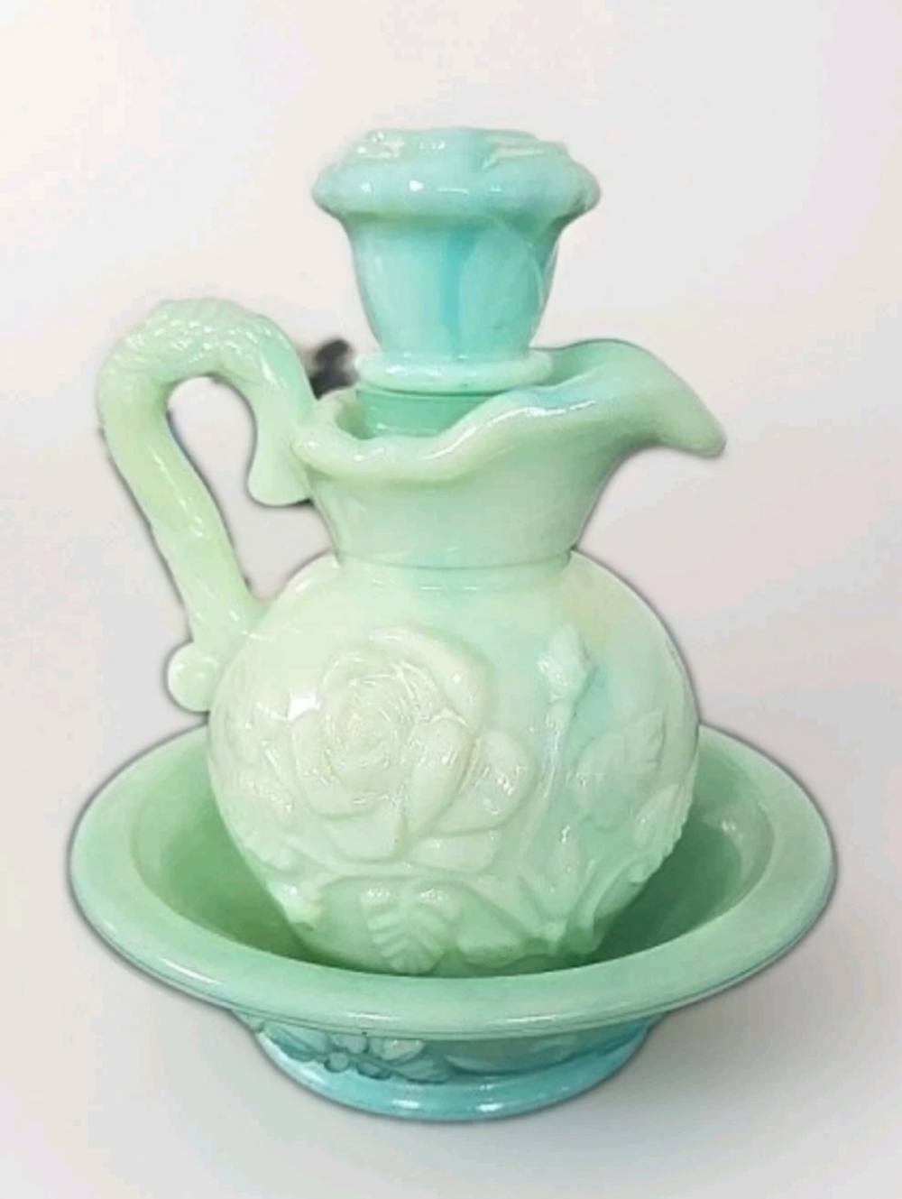 Avon Green Milk Glass Pitcher and Bowl Set